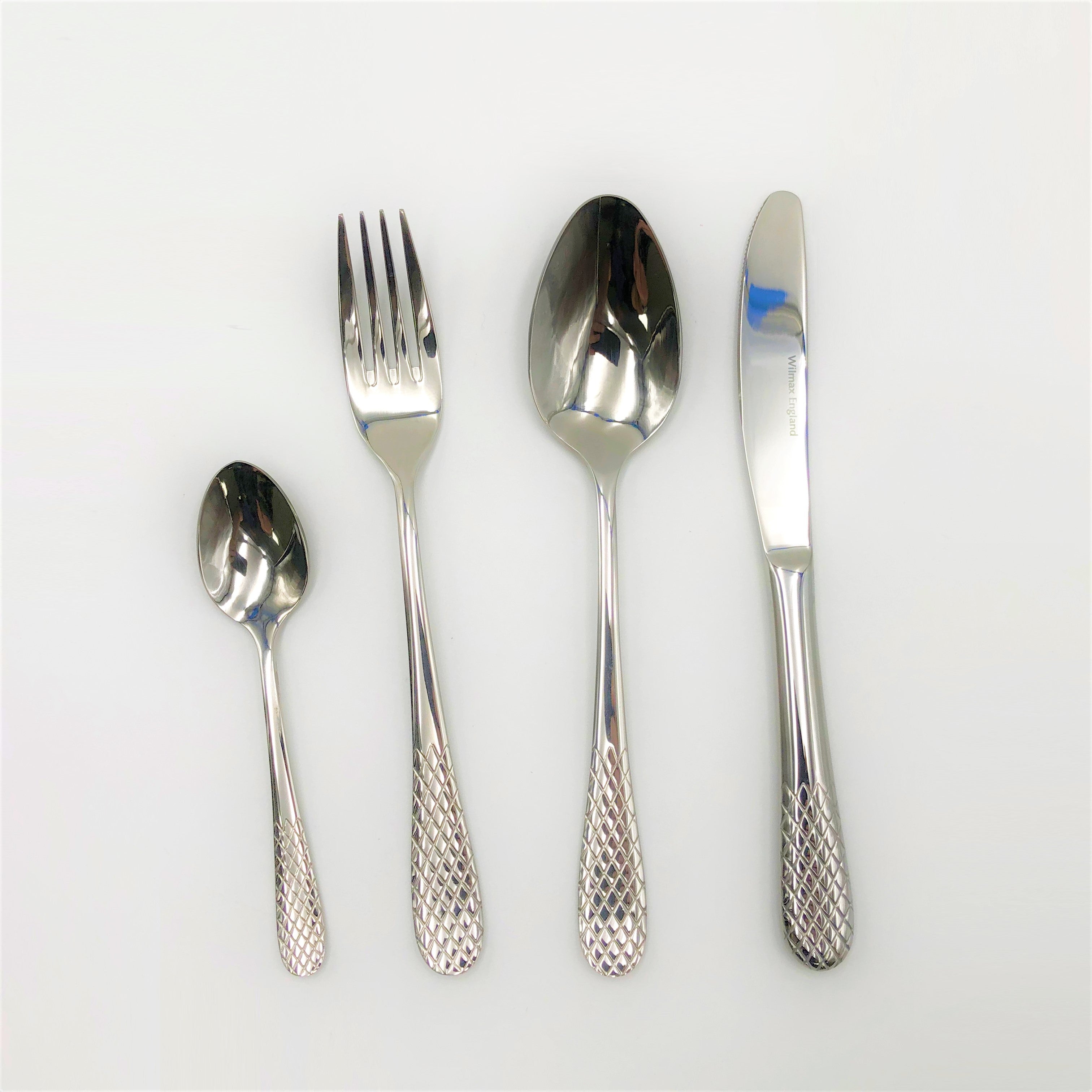 Four (4) Piece 18/10 Stainless Steel Julia Dinner Set By With Herringbone Design On A Solid Handle