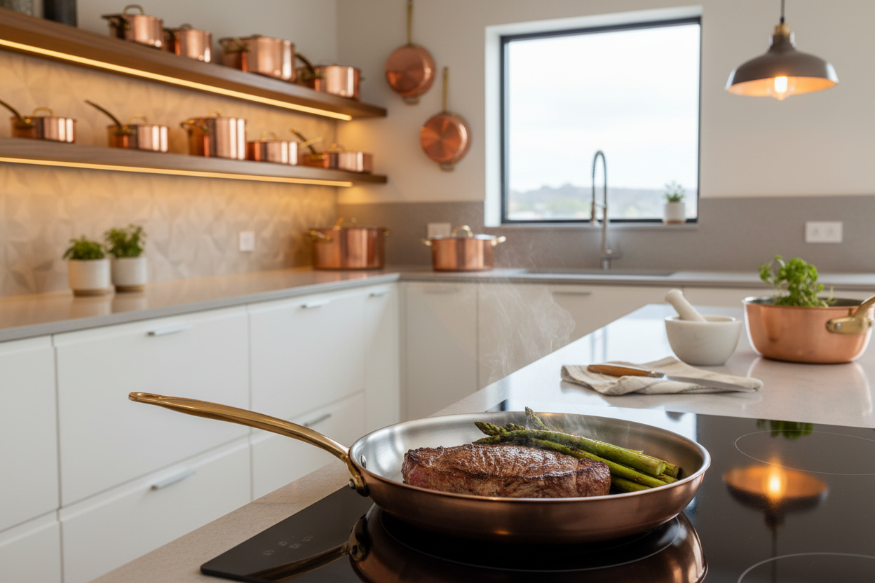 Copper pans cooking steak with asparagus. And other pot sets visible in background in a sleek comforting kitchen